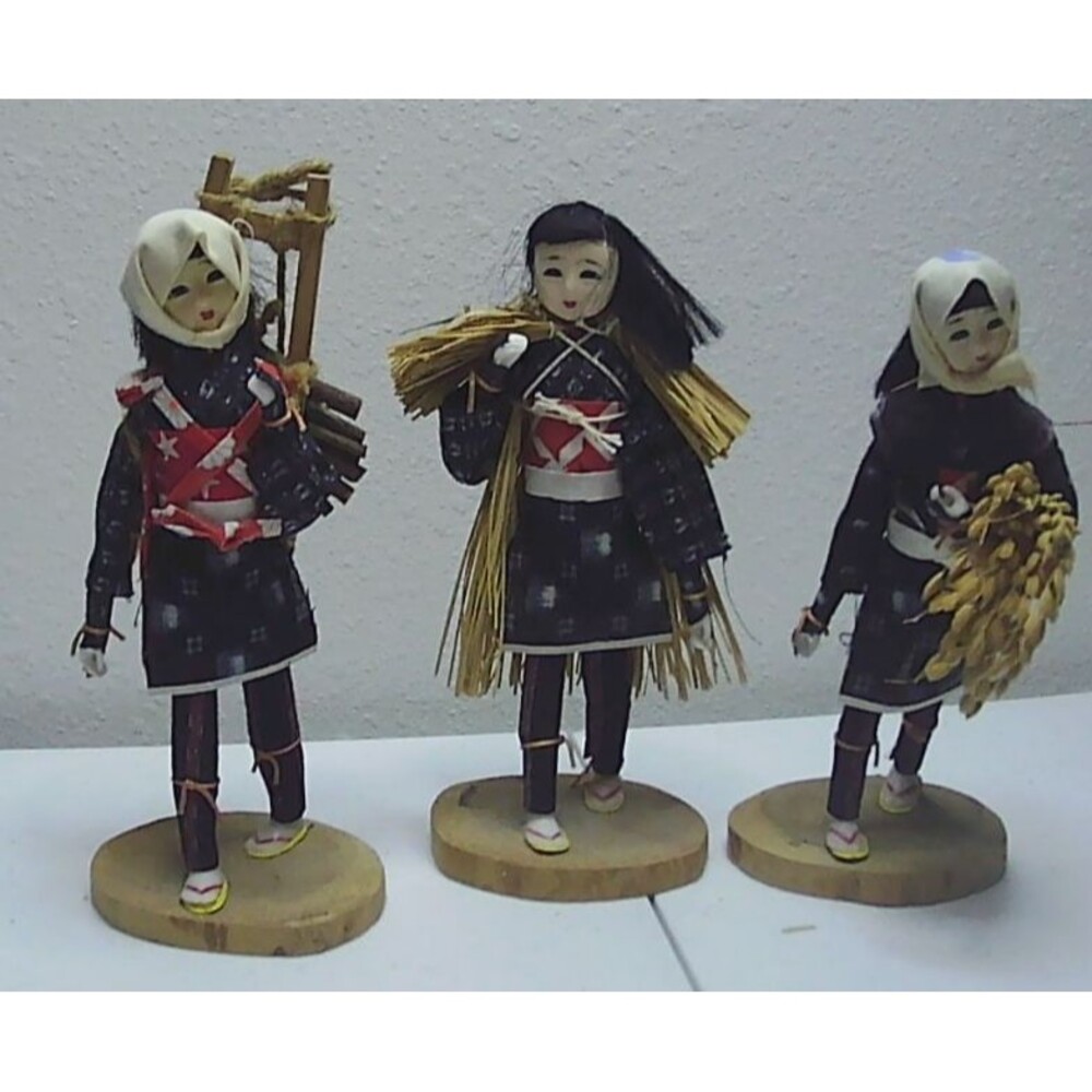 3 Japanese Asian Handmade Figurine Dolls, Women Carrying Wood, Grain, 7.5" Tall